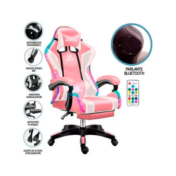 Silla Gamer Luz Rgb Rosa Con Blanco Masajeador Con Parlante 2.0 Pro